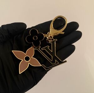 Louis Vuitton LV Logo Monogram Flower Bag Charm Key Holder Gold Black Brown